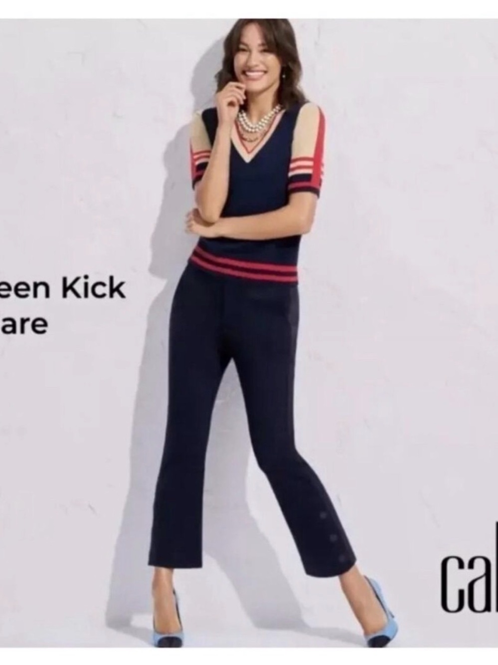 CAbi Navy Knit Kick Flare Pants with Red Trim